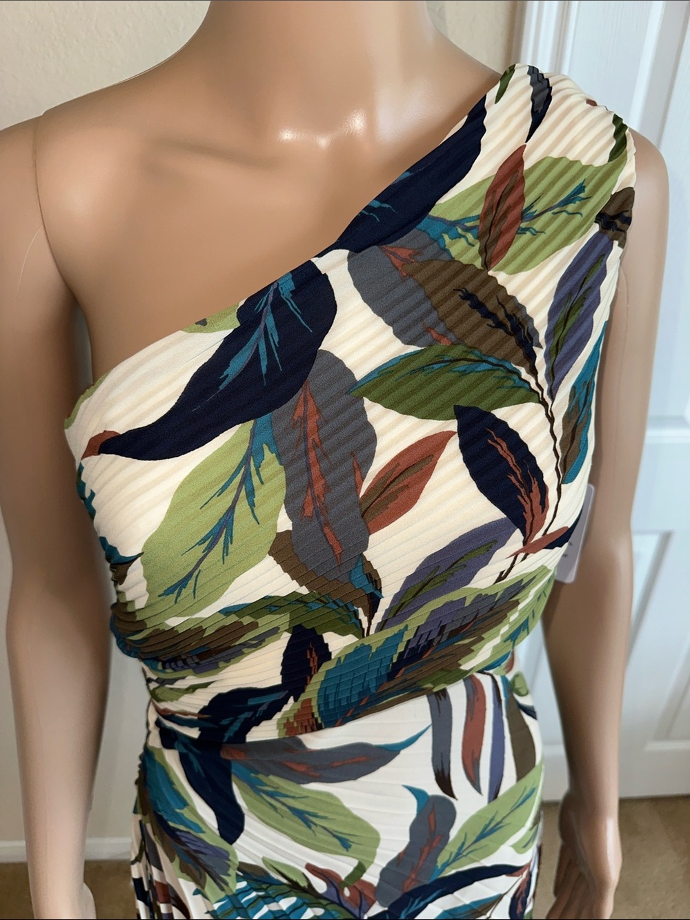 NWT Nicole Miller One-Shoulder Maxi Dress in Green, Blue, Brown, Cream Size 4 - Picture 5 of 16